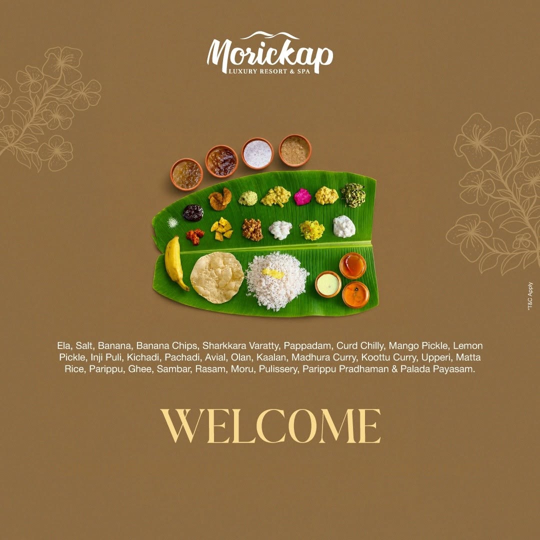 Traditional Onam Sadhya served on banana leaf with 25 dishes at Morickap Resort, Wayanad